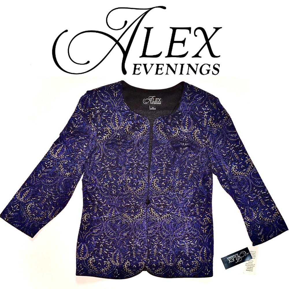 NWT! ALEX EVENINGS blue brocade jacket